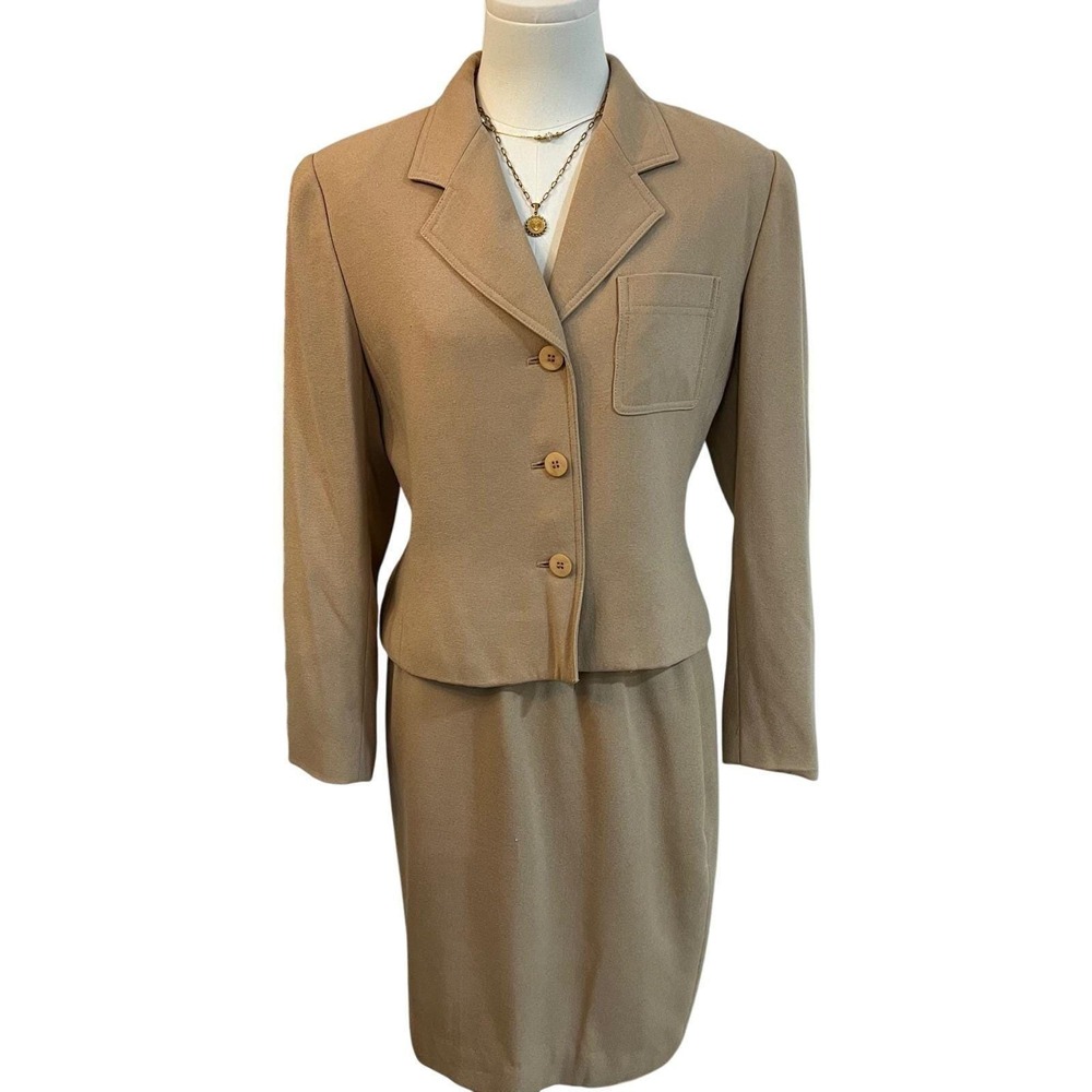 Kasper ASL Tan Viscose 3 Piece Suit Blazer Pants Skirt Set Career 8P